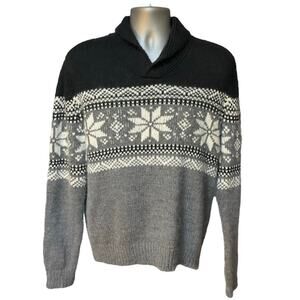 Club Room Black and White Fair Isle Wool Blend Shawl Collar Sweater Size M